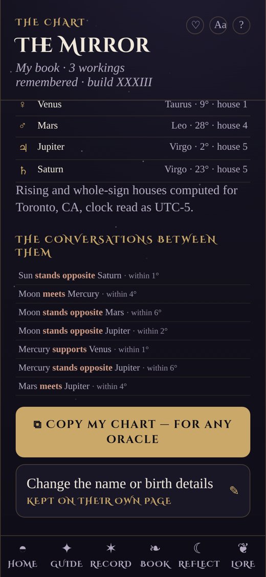 The conversations between the planets, written in words, with the copy-my-chart button