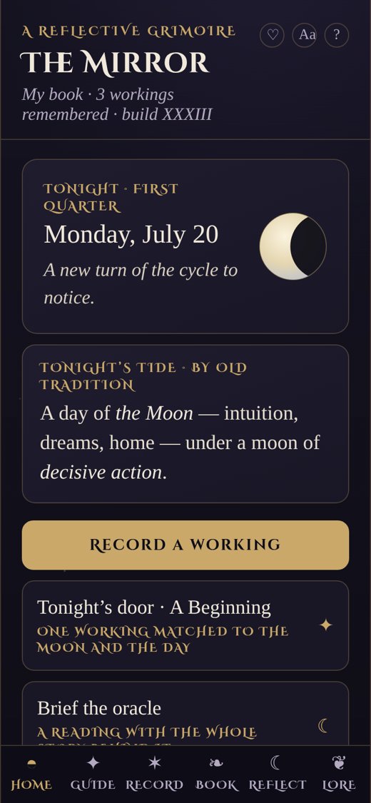 The front page of the book: tonight's moon and tide, and the record-a-working button